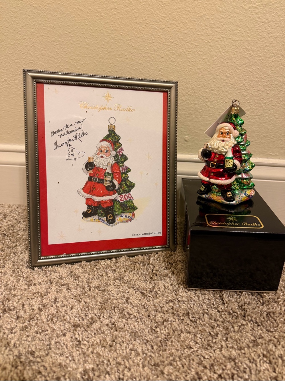 Vintage Christopher Radko “Millenium Cheer” Ornament and Framed Print Set
